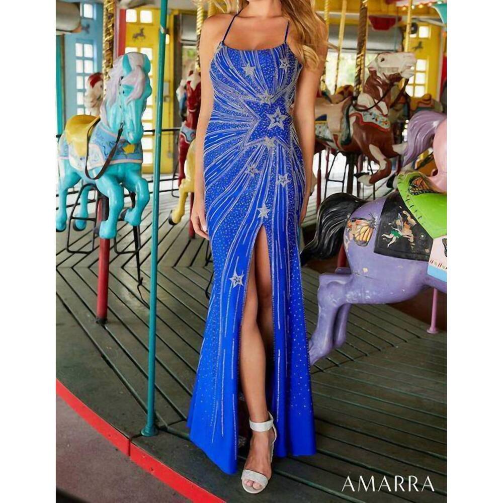 NEW AMARRA star rhinestone jersey gown in royal